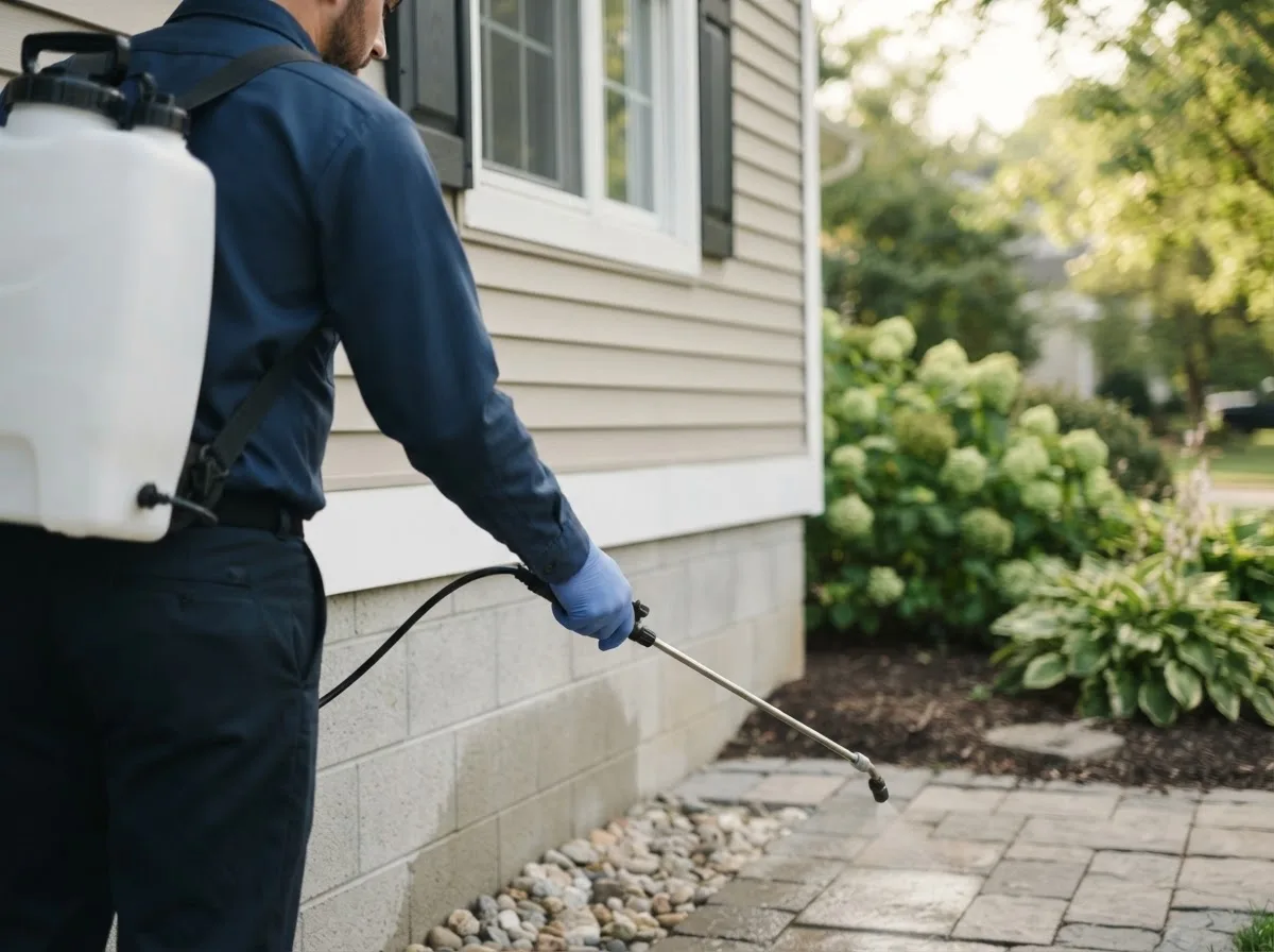 Pest control technician inspecting a home in Freedom, OK